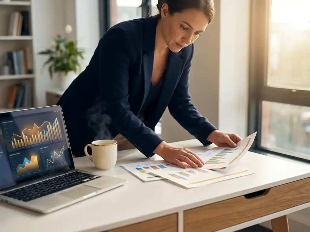 Marketingprofessional bestudeert kleurrijke data-dashboards op papier aan modern bureau met laptop en koffie in warm kantoorlicht.