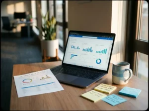Maandelijks budgetoverzicht en Microsoft Fabric-dashboard op laptop met koffiemok en plaknotities op modern kantoorbureau.