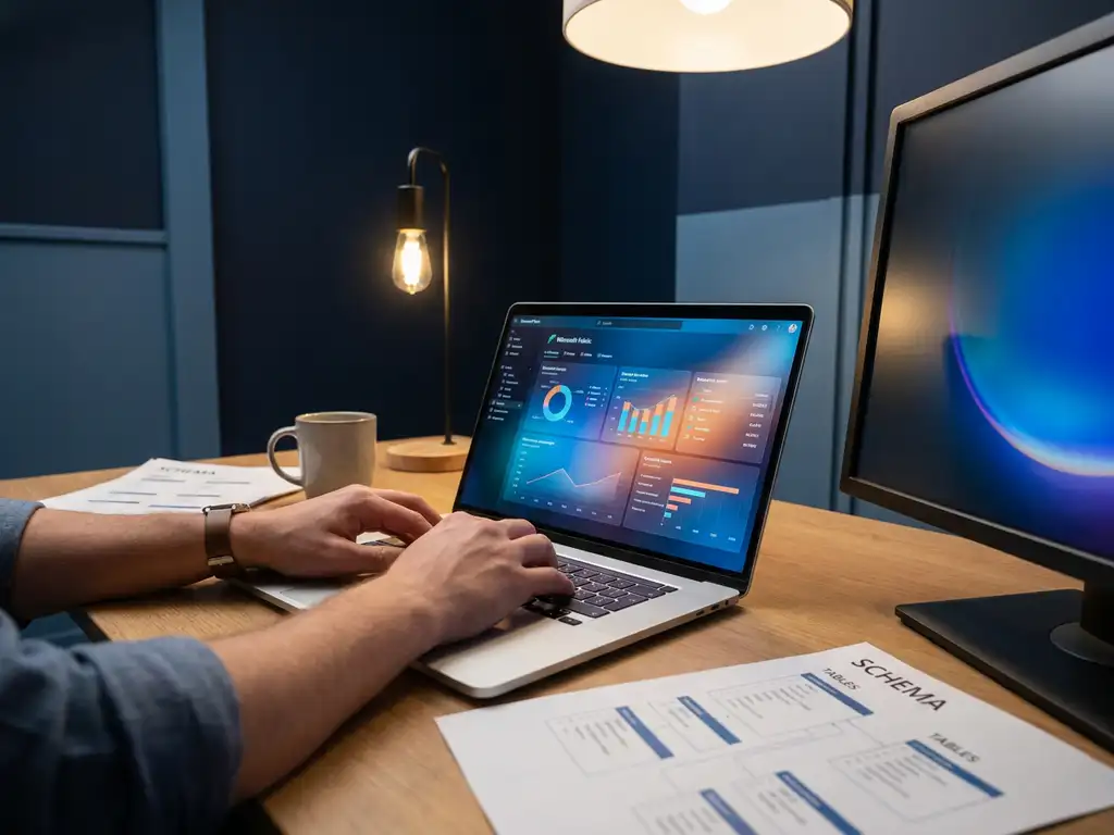 Handen die typen op een laptop met een Microsoft Fabric-dashboard vol kleurrijke datavisualisaties, op een modern bureau met databaseschema's.