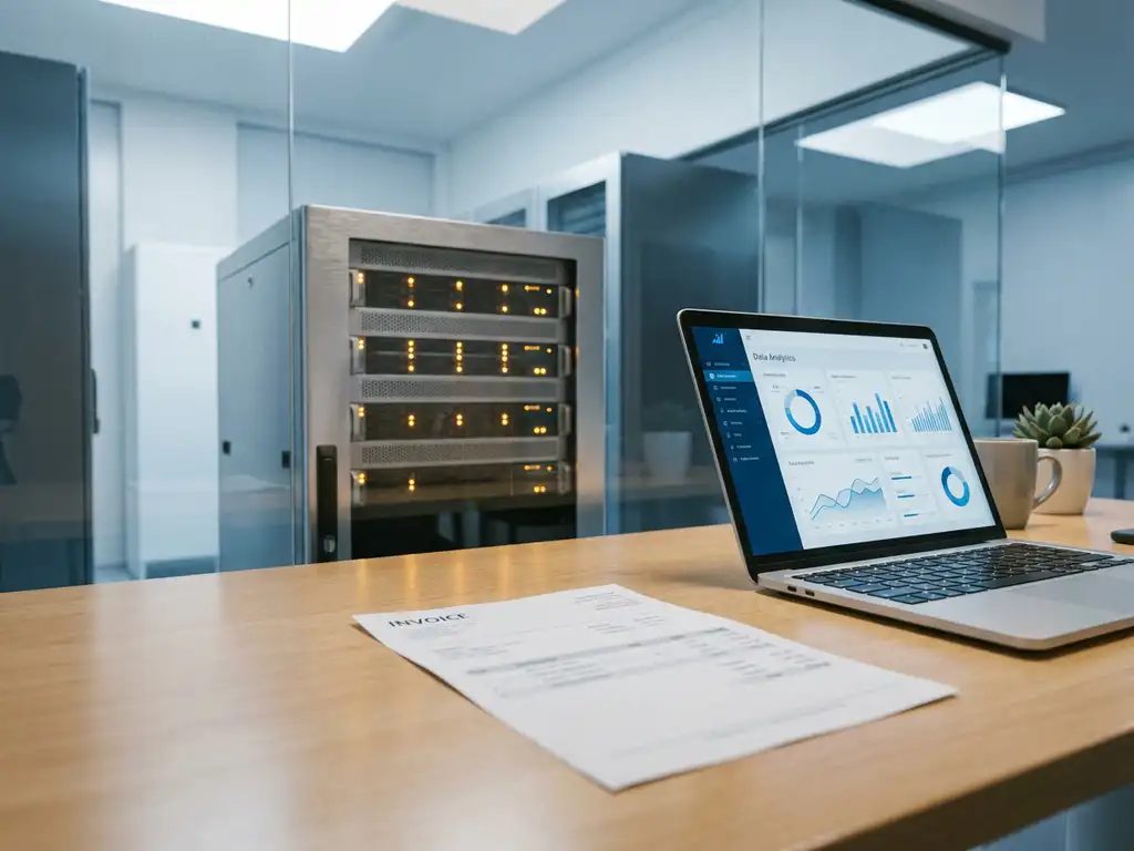 Zilveren serverrack in datacenter naast maandelijkse factuur en Microsoft Fabric-dashboard op laptop, zakelijke kantooromgeving.