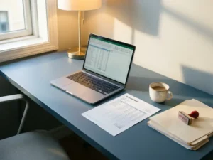 Opgeruimd bureau met uitgeprinte onkostendeclaratie naast laptop met spreadsheetdata, goedgekeurde documenten en rubberstempel in warm natuurlijk licht.
