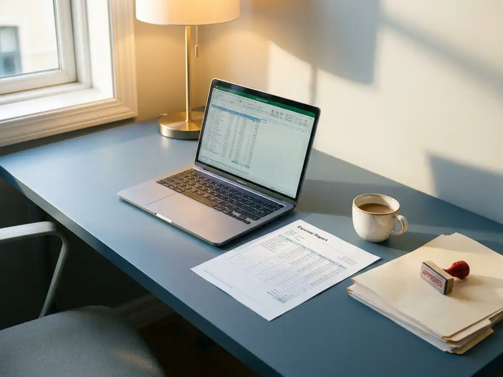 Opgeruimd bureau met uitgeprinte onkostendeclaratie naast laptop met spreadsheetdata, goedgekeurde documenten en rubberstempel in warm natuurlijk licht.