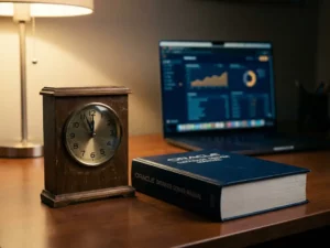 Verouderde analoge klok naast een dik Oracle-databasehandboek op een kantoorbureau, laptop op achtergrond, marineblauw en amberkleurig licht.