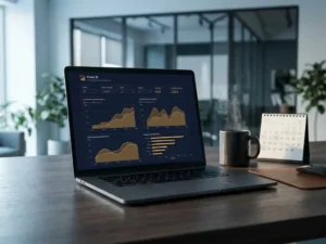 Laptop met Power BI-dashboard op donker bureau naast dampende koffie en open kalender in modern kantoor.