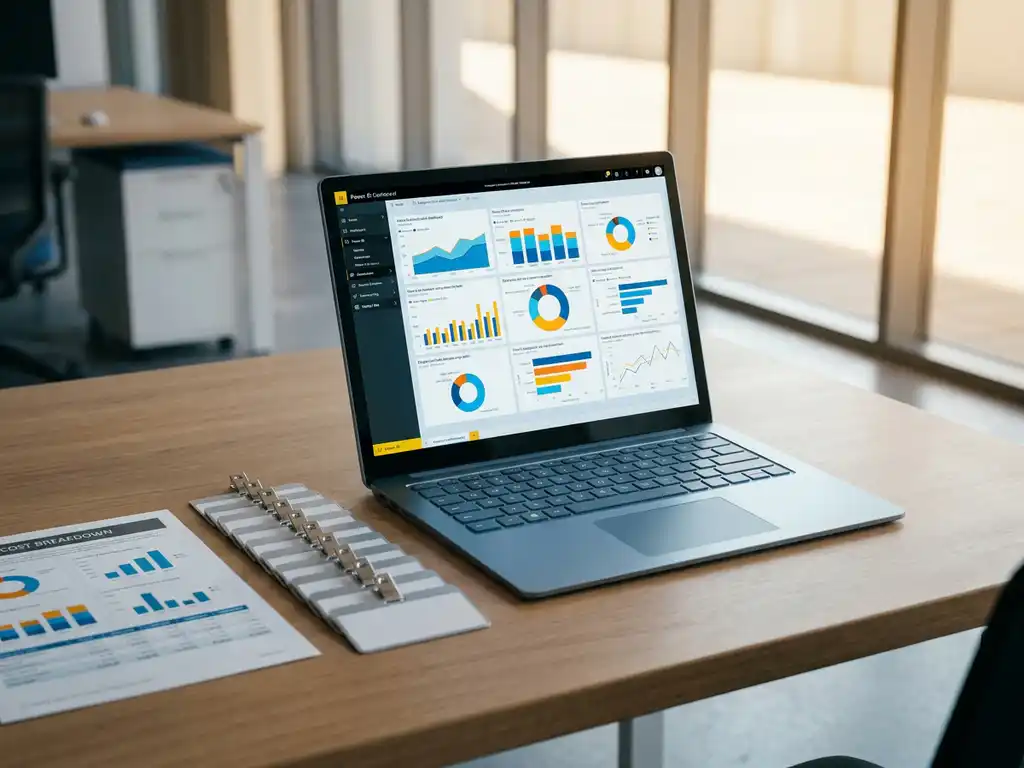 Microsoft Surface laptop met Power BI-dashboard naast tien personeelspassen en kostenoverzicht op een modern kantoorbureau.