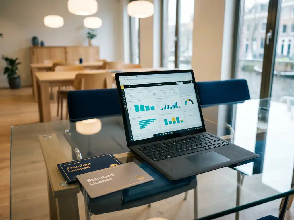 Microsoft Surface laptop met Power BI-dashboard op glazen bureau, naast twee licentiekaarten in modern Nederlands kantoor.