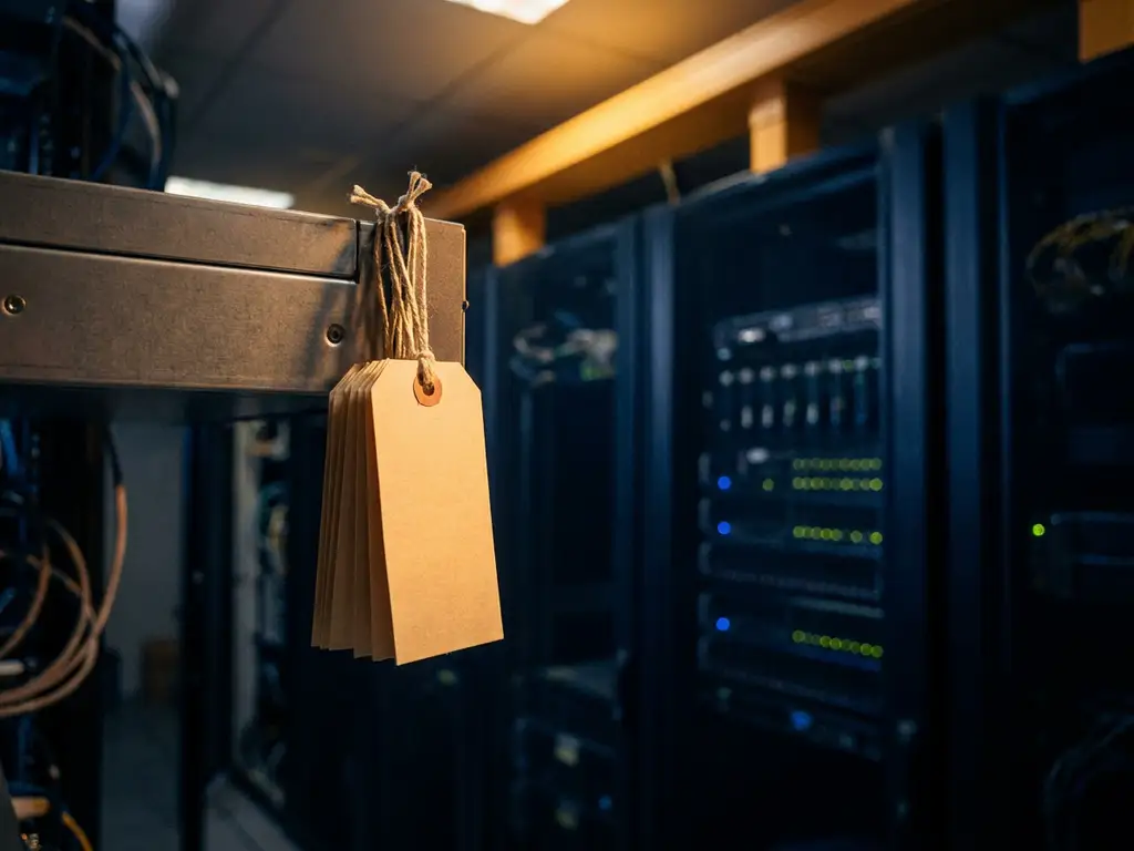 Prijskaartjes hangend aan serverrack-units in een datacentergang, voorste label belicht in warm amber tegen donkerblauwe servertorens.