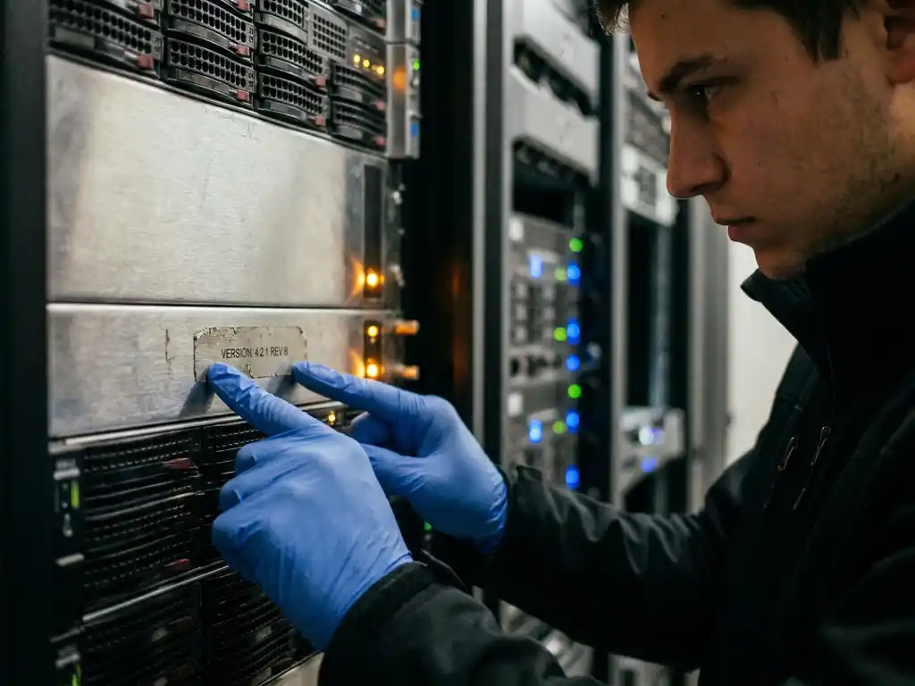 Databasebeheerder onderzoekt versielabel op serverrack in donkere serverruimte met knipperende indicatorlampjes op de achtergrond.