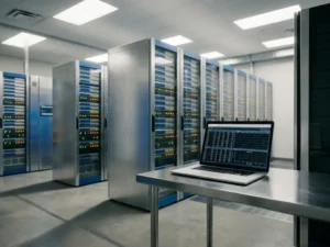 Georganiseerde serverruimte met verlichte rack-servers in rijen en een laptop met spreadsheetgegevens op een stalen tafel.