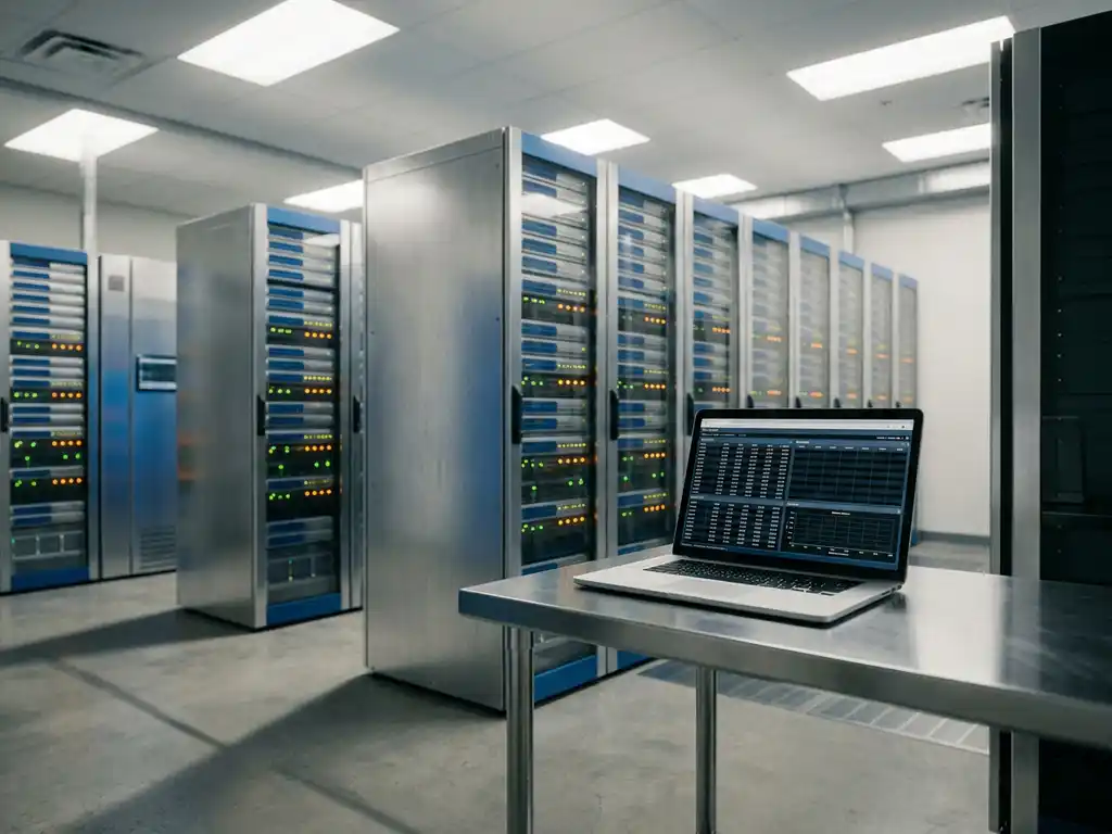 Georganiseerde serverruimte met verlichte rack-servers in rijen en een laptop met spreadsheetgegevens op een stalen tafel.