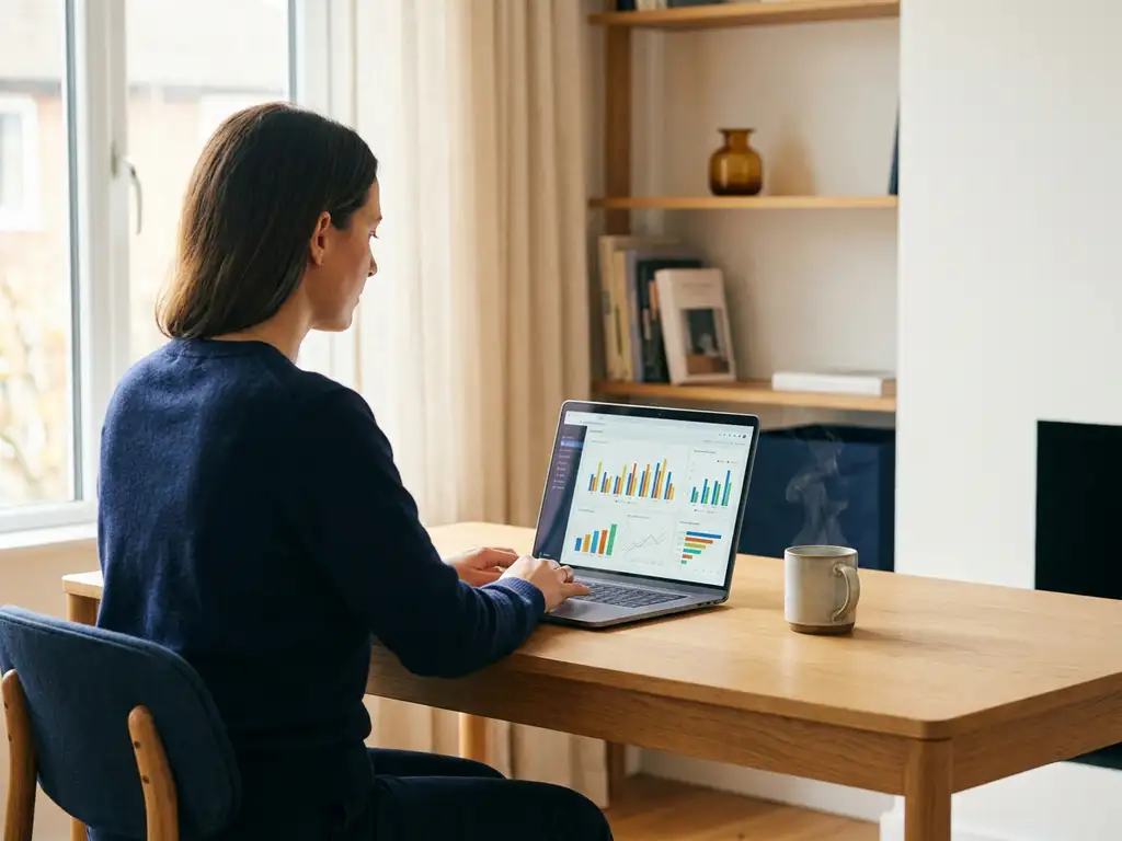 Ondernemer aan eikenhouten bureau met laptop met kleurrijke dashboardgrafieken en dampende koffie in thuiskantoor met zacht raamlicht.
