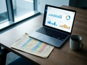 Verouderde spreadsheetprintout met kleurgecodeerde cellen naast laptop met geautomatiseerde dashboards op modern bureau.