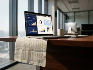 Verouderde spreadsheetprintout onder laptop met Power BI-dashboard op zakelijk bureau, symboliseert overgang van handmatige naar moderne data-analyse.