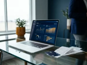 Laptop met financieel dashboard op glazen bureau, omringd door creditcard en gedrukte onkostenbonnen in modern kantoor.
