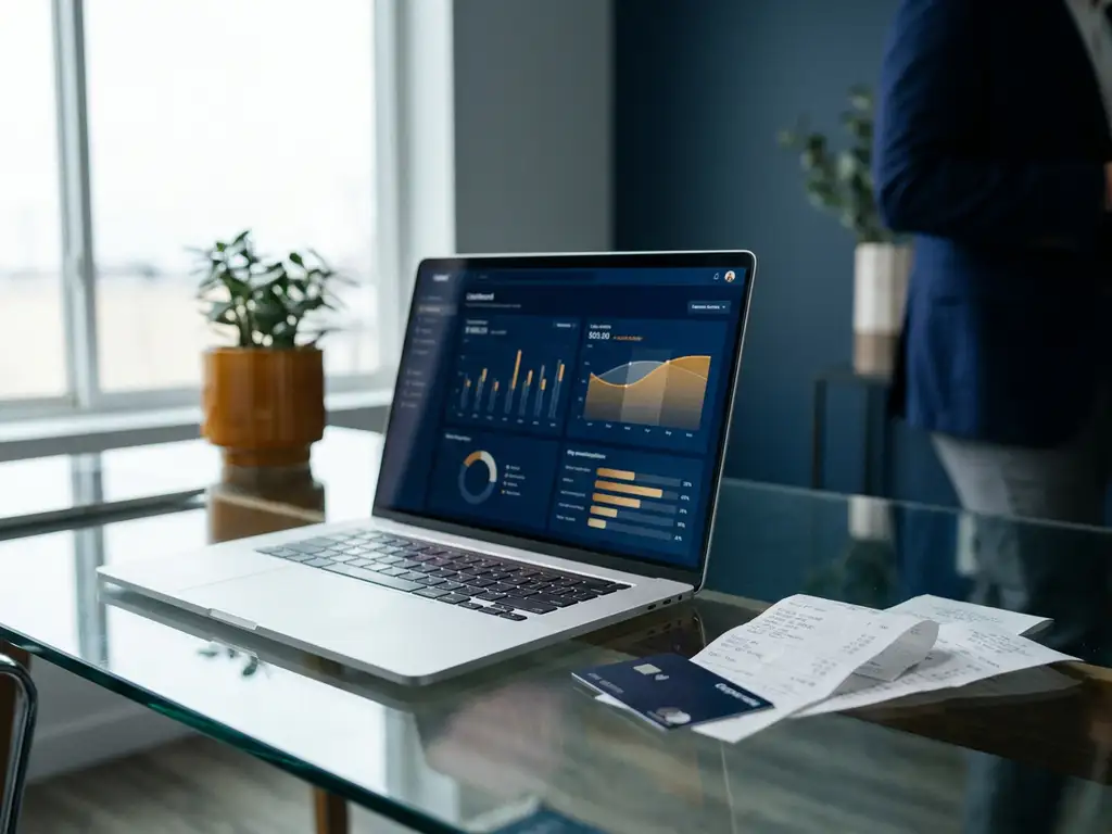 Laptop met financieel dashboard op glazen bureau, omringd door creditcard en gedrukte onkostenbonnen in modern kantoor.