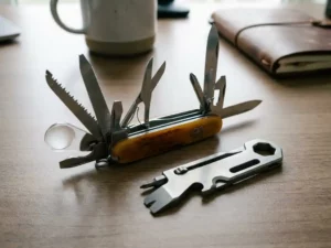 Zwitsers zakmes met uitgevouwen gereedschap naast een strak modern multitool op een mat bureau, stalen en amberkleurige tinten.