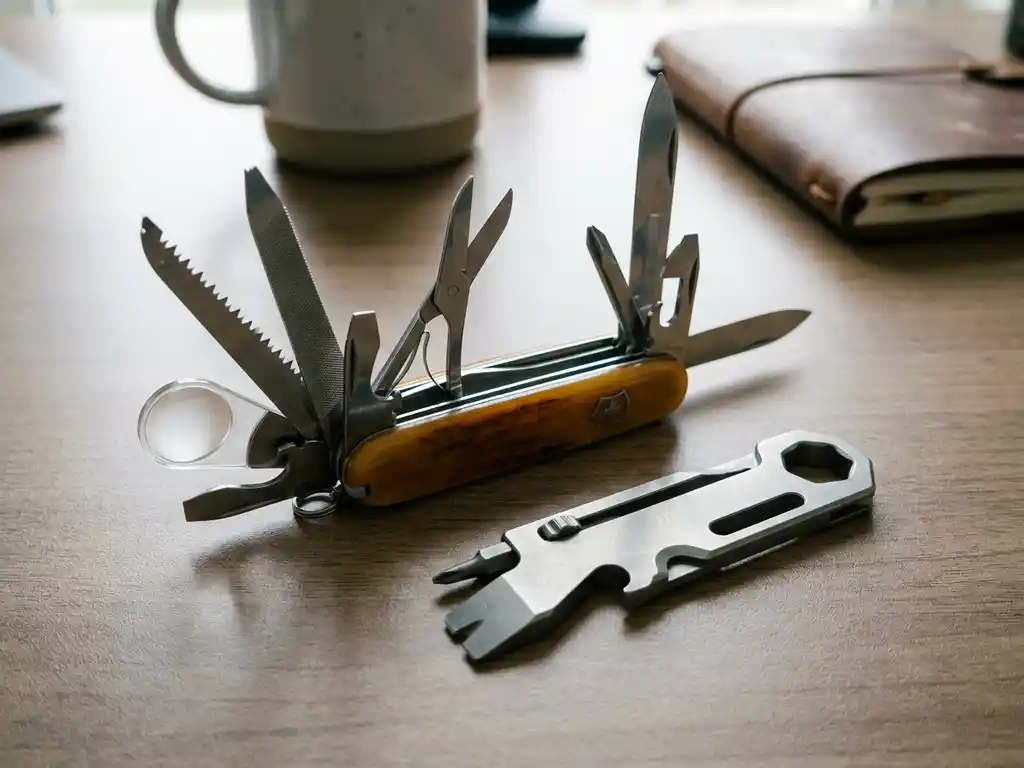 Zwitsers zakmes met uitgevouwen gereedschap naast een strak modern multitool op een mat bureau, stalen en amberkleurige tinten.