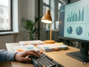 Data-analist werkt aan Power BI-dashboard op monitor, met gesorteerde rapporten en sticky notes op modern bureau.