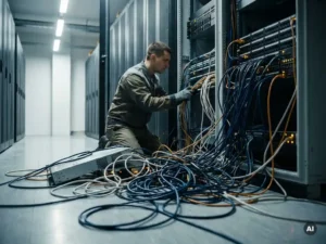 Technicus organiseert chaotisch kluwen kabels in een serverruimte met gestructureerde patchpanelen en stalen rekken.