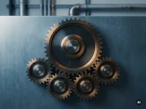 Centrale tandwiel op stalen paneel dat meerdere kleinere tandwielen aanstuurt, met amberkleurige metaalaccenten en leisteenblauwe tinten.