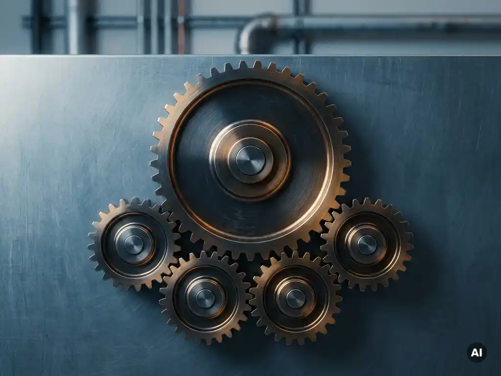 Centrale tandwiel op stalen paneel dat meerdere kleinere tandwielen aanstuurt, met amberkleurige metaalaccenten en leisteenblauwe tinten.
