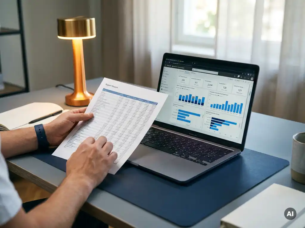 Analist vergelijkt gedrukt spreadsheetrapport met Power BI-dashboard op laptop, zichtbare cijferdiscrepanties, modern bureau.