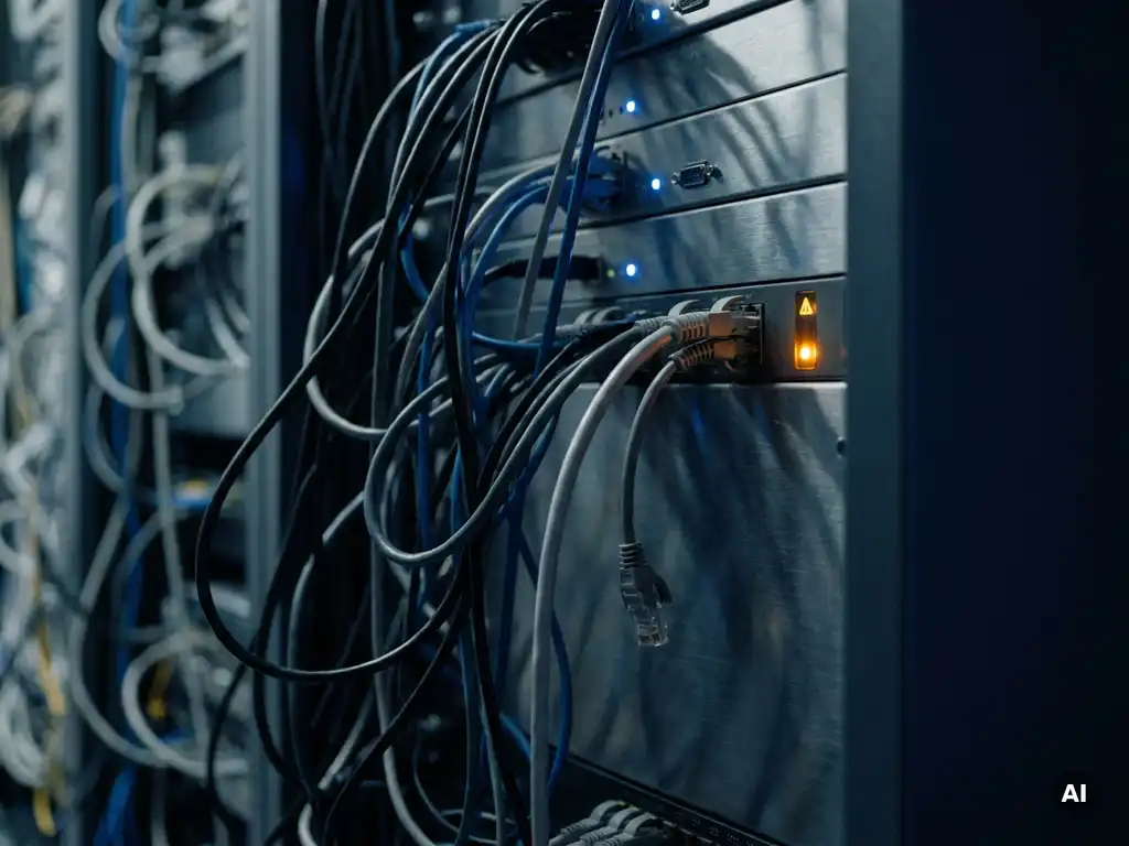 Losse datakabel in een serverrack met blauwe indicatielampjes en een amber waarschuwingslicht op stalen panelen.