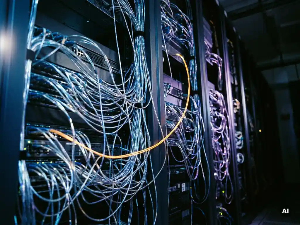 Verlichte glasvezelkabels kronkelen tussen serverracks in een donker datacenter, met één amber draad die opvalt tussen blauw en zilver.