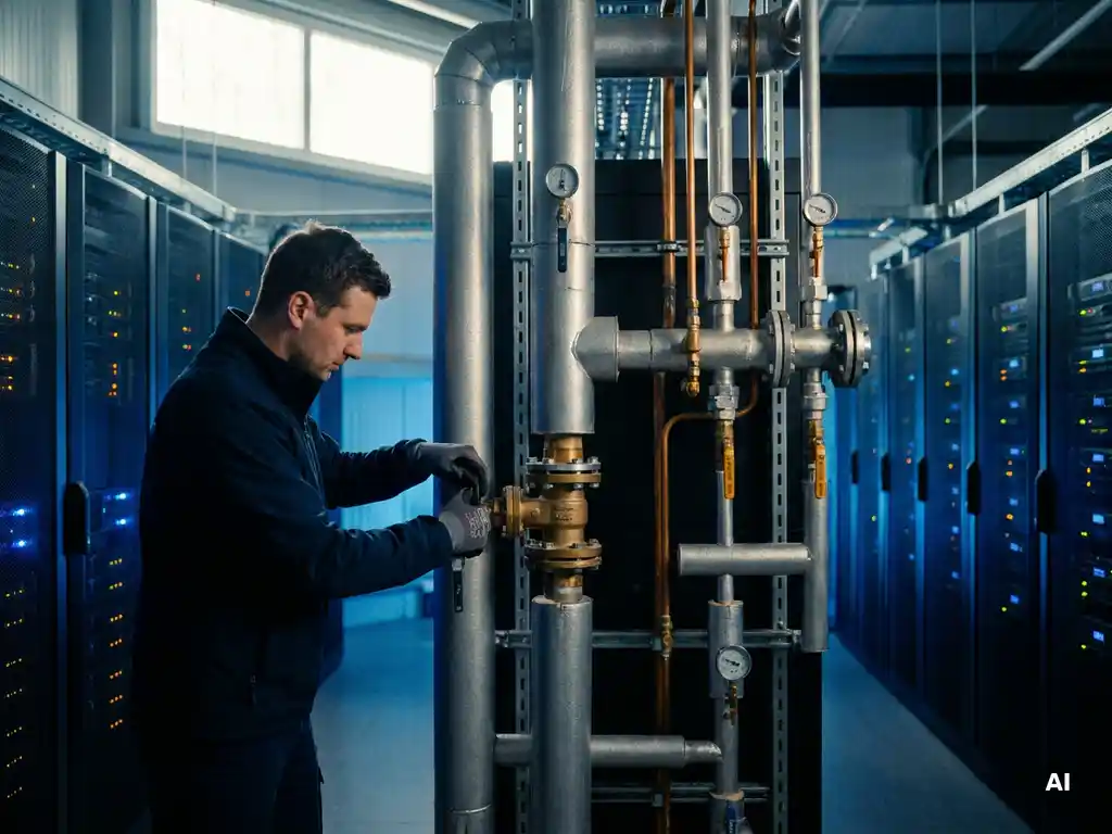 Industriële waterleidingen met vertakkingen bij centrale knooppunt in serverruimte, technici stelt precisieventiel af onder blauw omgevingslicht.