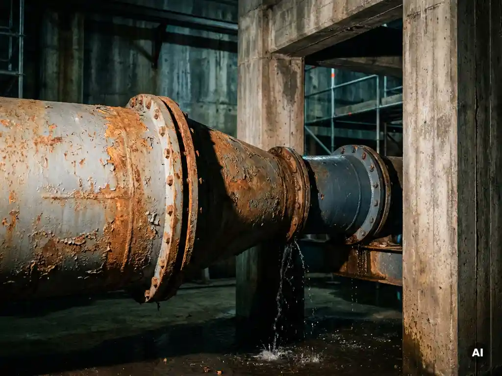 Industriële waterleiding die vernauwt onder druk, met een waterstraal die terugloopt naar een straaltje, omgeven door betonnen infrastructuur.