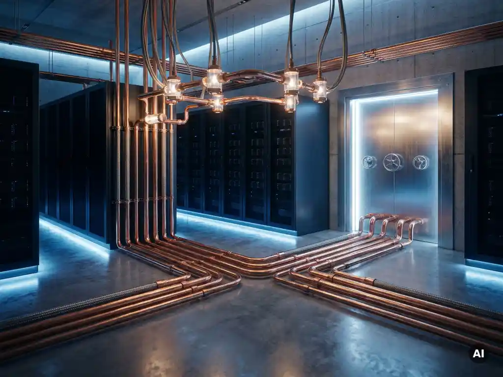 Koperen leidingen vertakken zich in twee paden op een betonnen serverroomvloer, verbonden met een stalen kluis en zwevende knooppunten.
