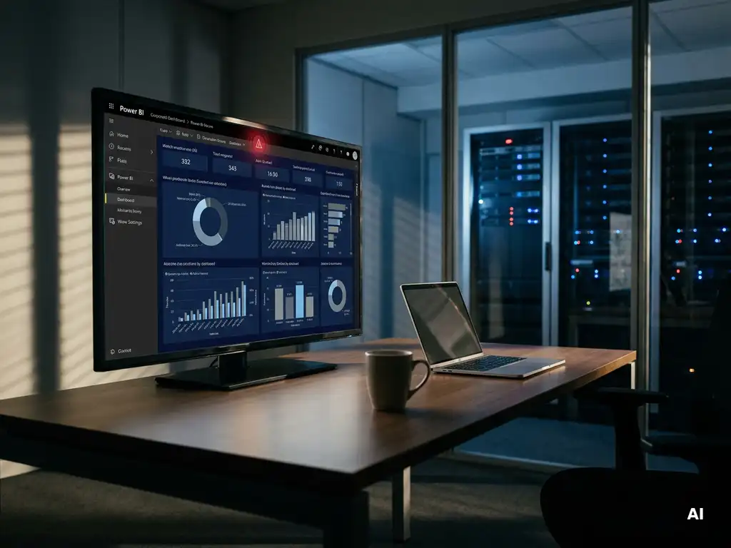 Power BI-dashboard op monitor met rood waarschuwingssignaal, koffiekop en laptop op bureau, serverruimte op achtergrond.