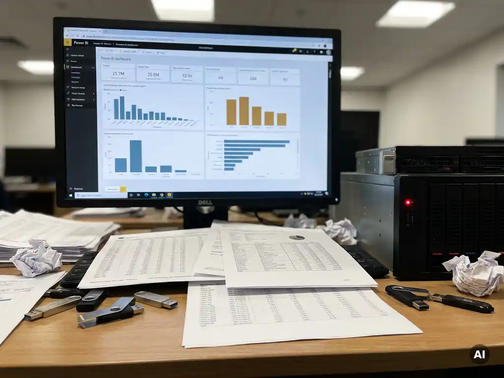 Power BI-dashboard op een rommelig bureau met gedrukte datavellen, USB-sticks en een rood serverindicatorlampje op de achtergrond.