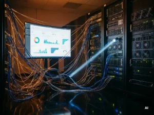 Kleurgecodeerde glasvezelkabels in blauw, amber en zilver verbinden een Power BI-dashboard met serverracks in een donker datacenter.