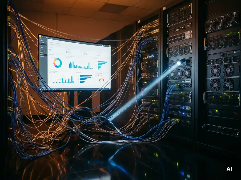 Kleurgecodeerde glasvezelkabels in blauw, amber en zilver verbinden een Power BI-dashboard met serverracks in een donker datacenter.