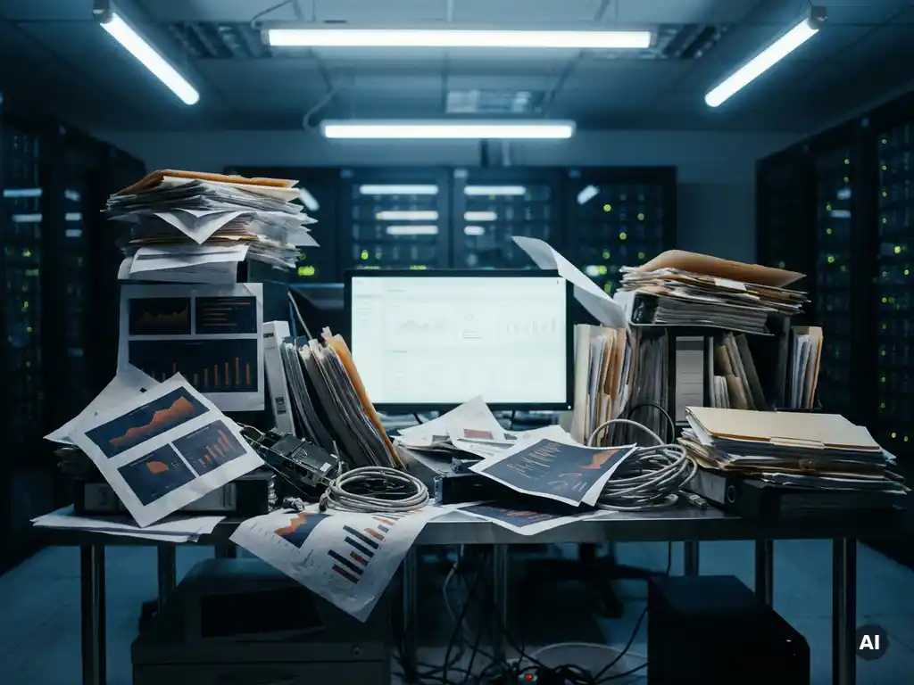 Rommelig serverruimtebureau bezaaid met stapels Power BI-rapporten, kantelende mappen en een nauwelijks zichtbaar gloeiend monitor.