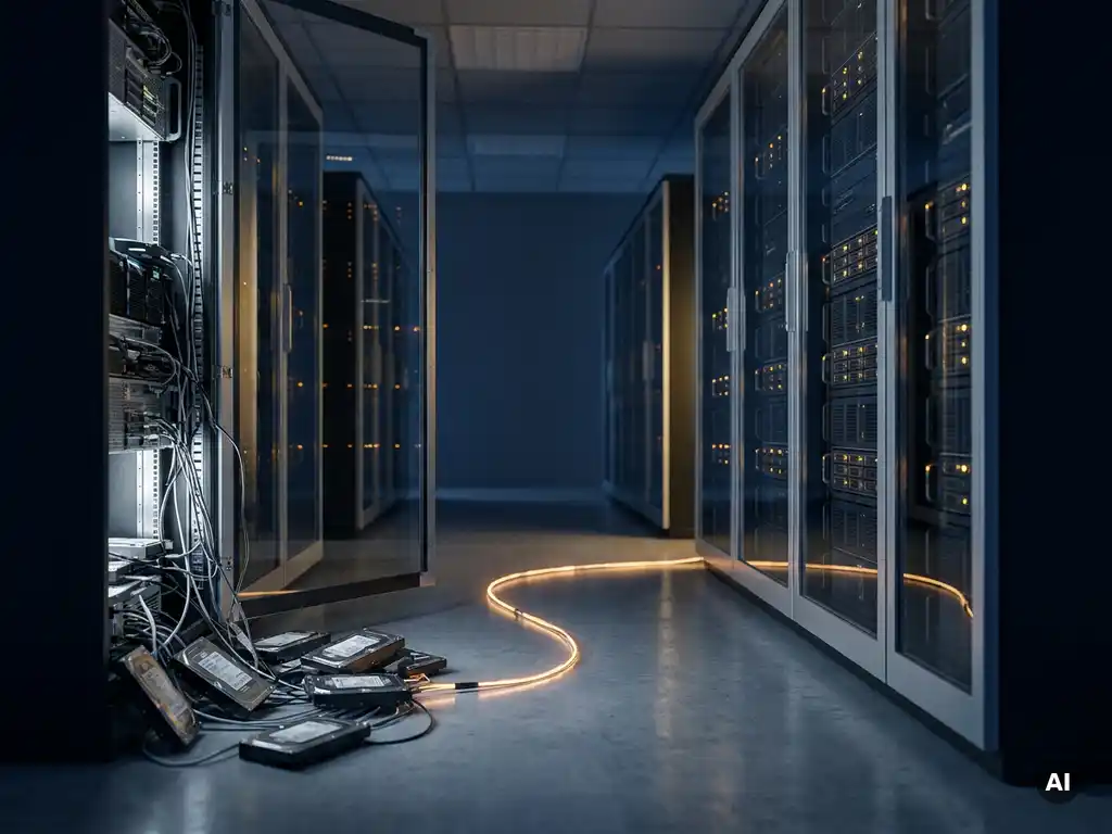 Datacentergang met ongestructureerde opslagschijven en georganiseerde databaseracks verbonden door een gloeiende glasvezelkabel.