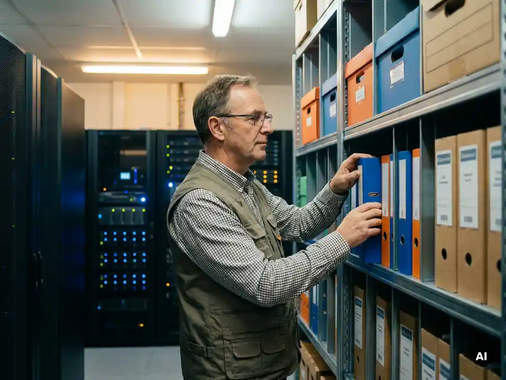 Senior data engineer organiseert kleurgecodeerde mappen op serverrekken in een modern datacenter met gloeiende racklichten.