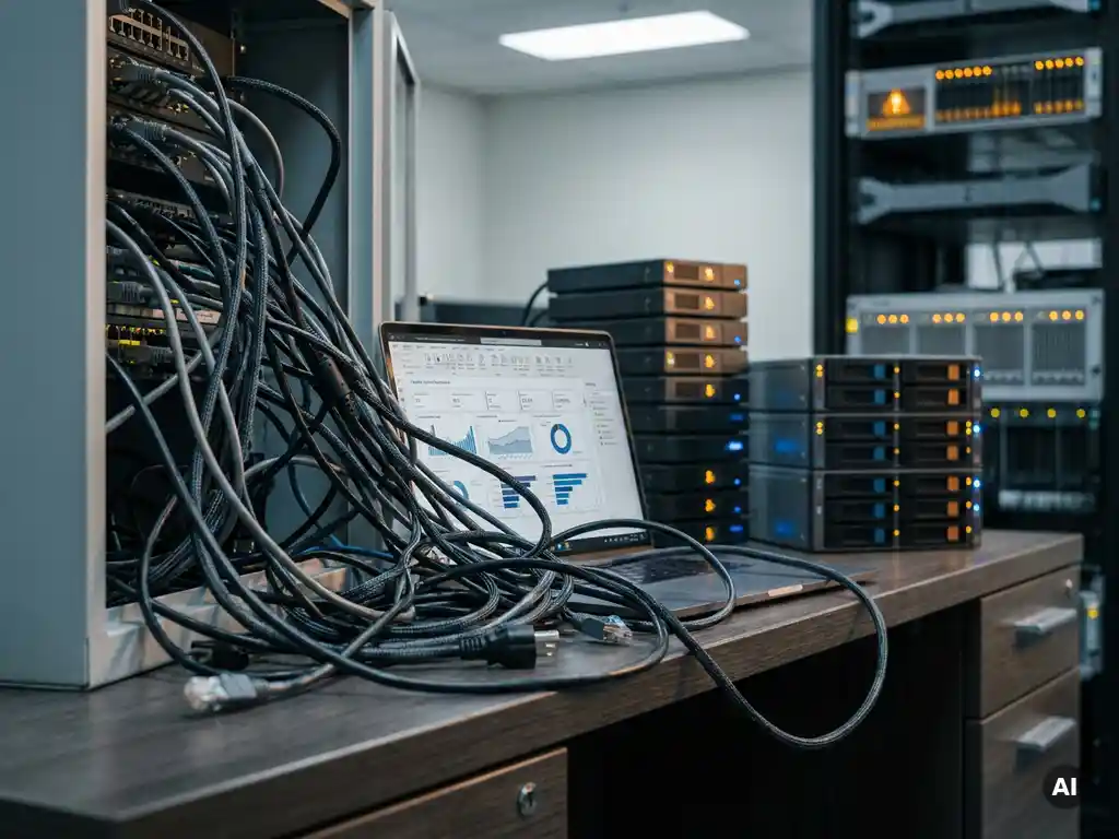 Wirwar van kabels en serverrackconnectoren rond een enterprise workstation, met stapels harde schijven en knipperende statusindicatoren op de achtergrond.