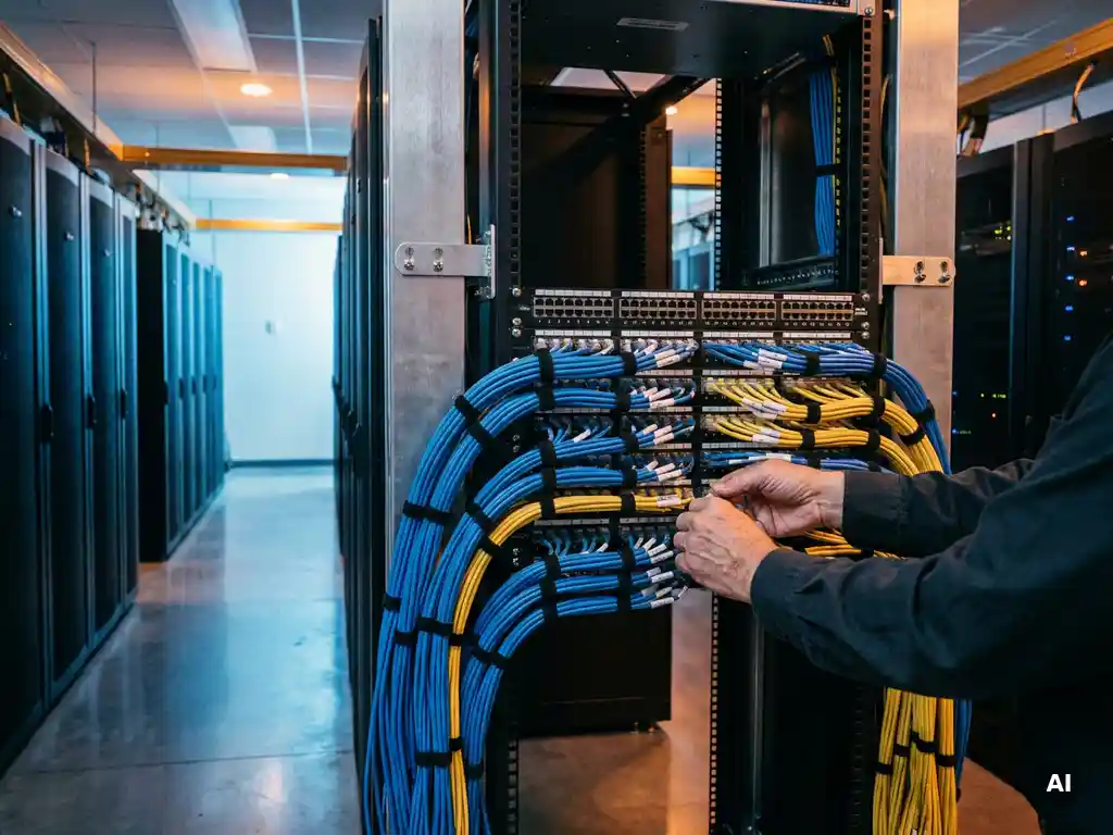Databasebeheerder sluit gestructureerde netwerkkabels aan op een centrale serverrack in een professionele serverruimte.