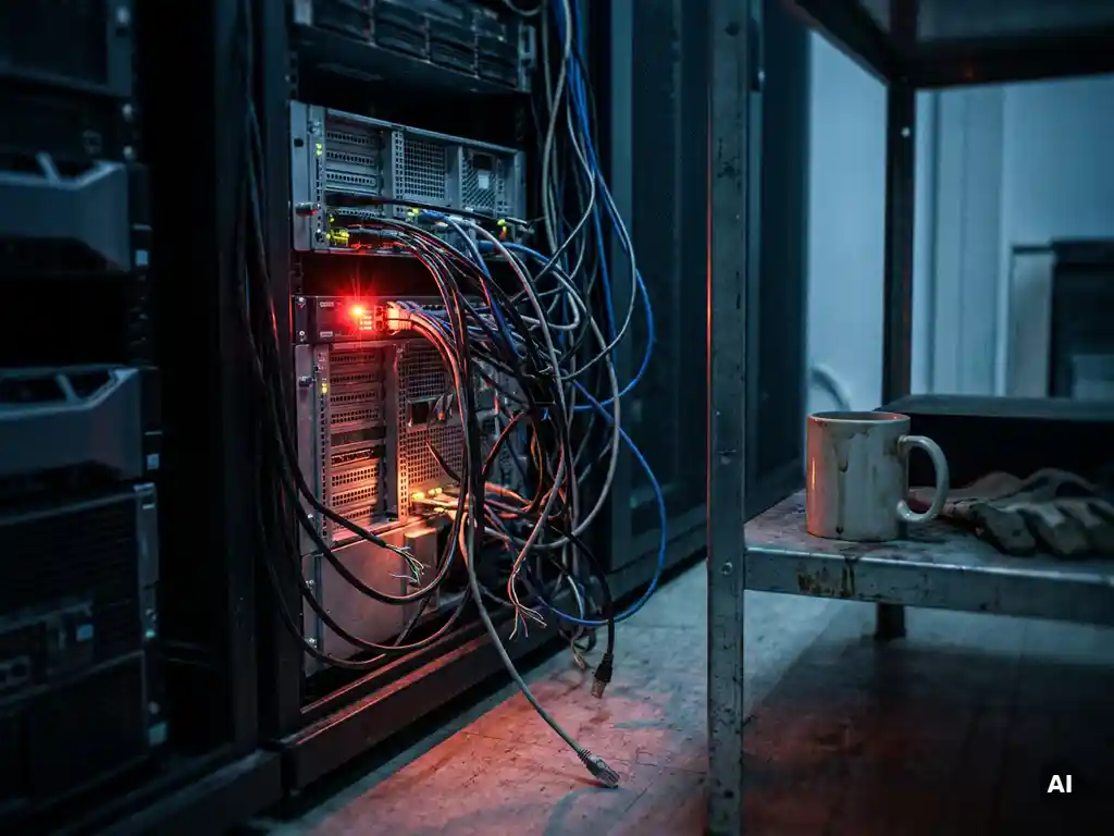 Loshangende serverkabels achter een rackkast met knipperend rood waarschuwingslampje in een donkere serverruimte.