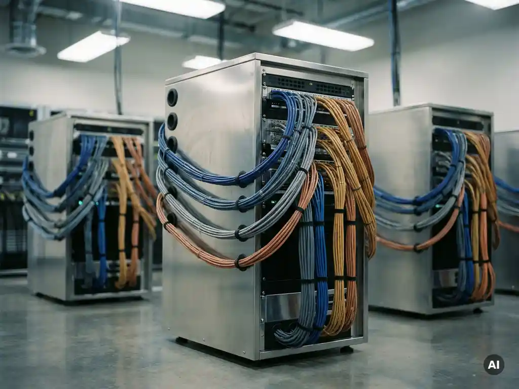 Kleurgecodeerde kabelgroepen in een serverruimte verbinden een centraal rack met afzonderlijke servereenheden per bedrijfsafdeling.