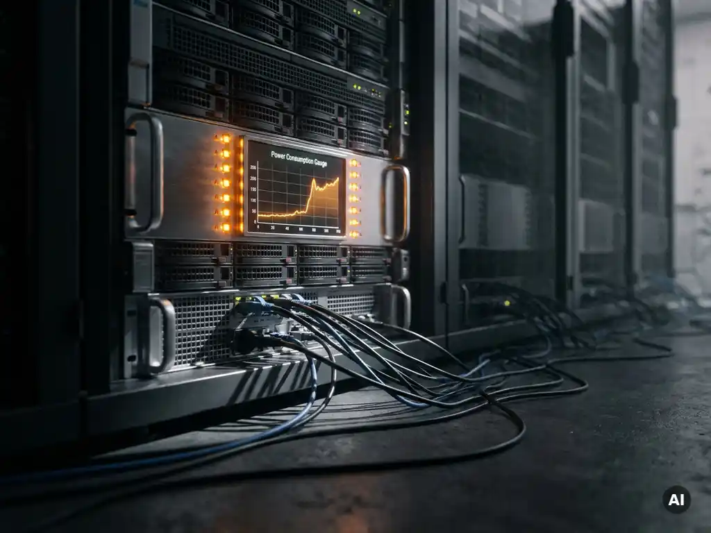Stroomverbruiksmeter van serverrack piekt met oranje waarschuwingsindicatoren en verstrengelde kabels op donkere datacenter vloer.