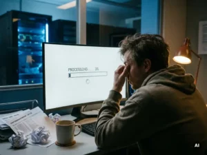 Gefrustreerde engineer staart naar trage laadvoortgangsbalk op monitor, omringd door query logs in blauw verlicht kantoor.