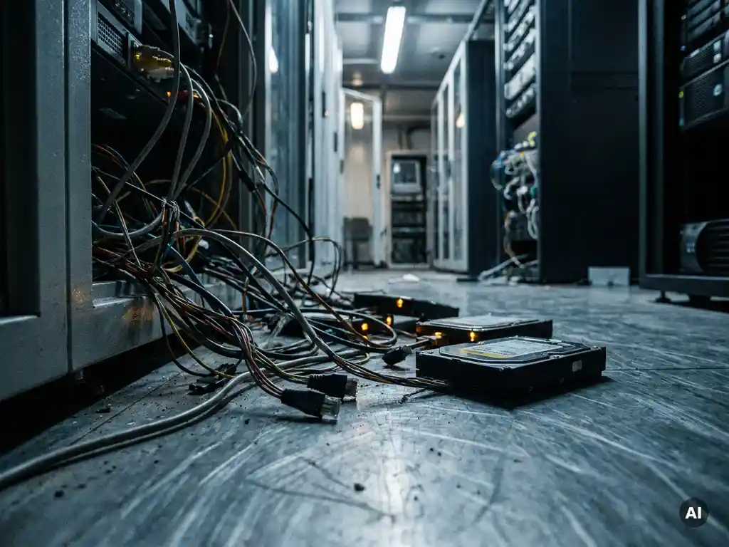 Verwarde, rafelige kabels en losse connectoren op de vloer van een serverruimte met onbeheerde, knipperende harde schijven.