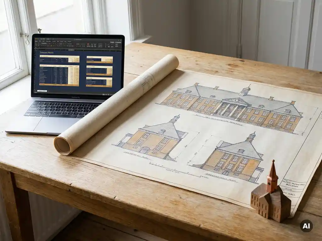 Architectonische bouwtekening van een Nederlands gemeentehuis op een eikenhouten bureau, met laptop en miniatuur stadhuis.