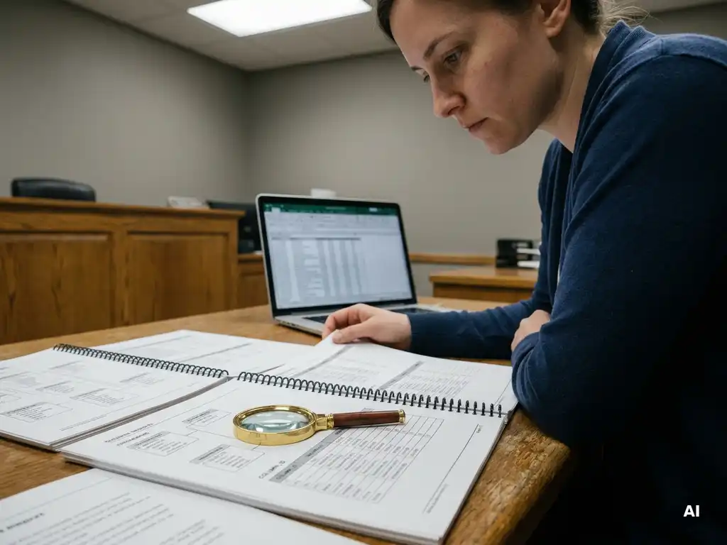 Gemeentelijke databeheerder bestudeert gedrukte databaseschemarapporten op kantoorbureau met vergrootglas en laptop op achtergrond.