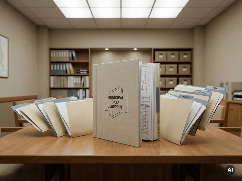Gemeentelijke datablueprint op vergadertafel met afdelingsmappen samengevoegd in één centraal gestructureerde ordner, kantooromgeving.