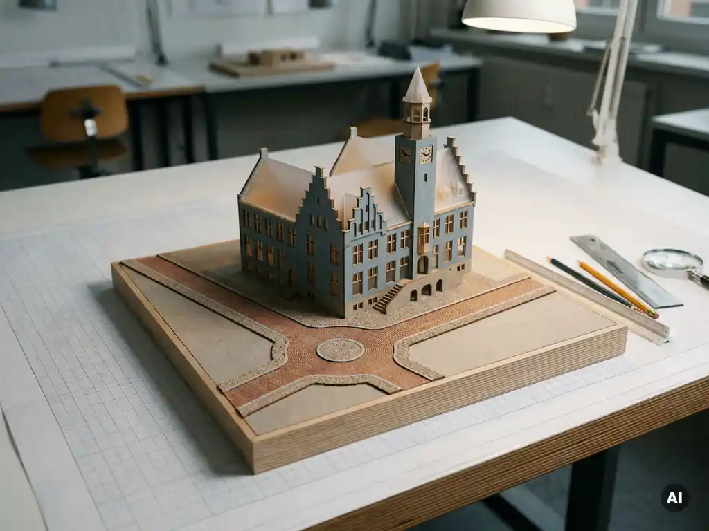 Schaalmodel van een Nederlands gemeentehuis met drie verbonden paden die samenkomen in een centraal knooppunt, op tekenpapier met raster.