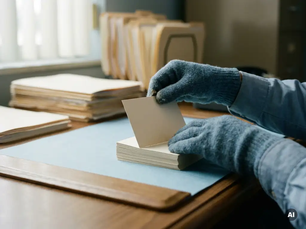 Gemeenteambtenaar verwijdert duplicaat registratiekaart uit geordende papieren dossiers op overheidsbureau.